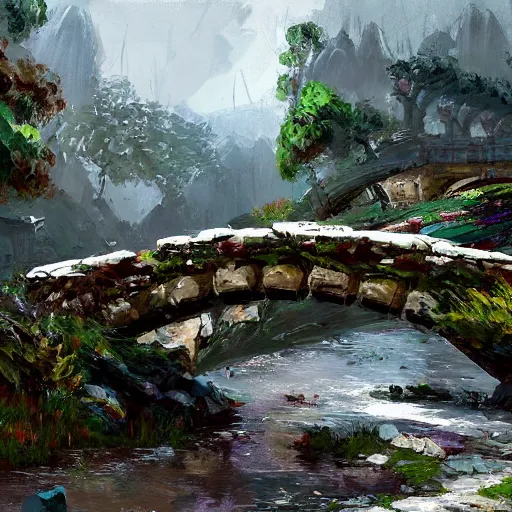 Prompt: acrylic painting, impressionism and expressionism, bold colors, expressive brushstrokes. a stone bridge over a river in riverwood, skyrim. raining. wide - angle shot. overcast. springtime. fantasy art by wadim kashin, cgsociety, nature art