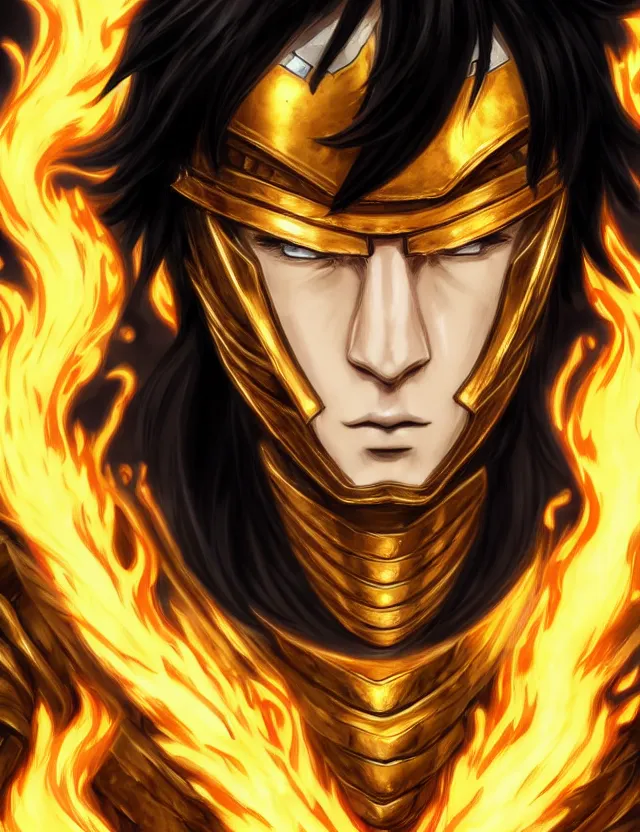 Image similar to a detailed manga portrait of a black haired man with hazel eyes in gleaming golden armour that burns with golden fire, trending on artstation, digital art, 4 k resolution, detailed, high quality, sharp focus, hq artwork, coherent, insane detail, character portrait