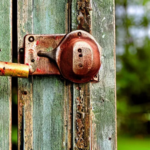 Prompt: a close up of a garden gate with a rusty metal latch