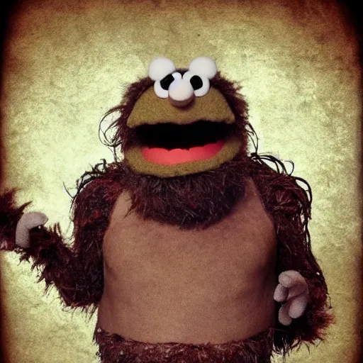 Image similar to a still of a forgotten muppet character looking very manly and modern, hilarious, laughing, hairy chest, huge chin, manly monster tough guy, roughled fur, photo real, photographic, photograph, artstation, trending, featured