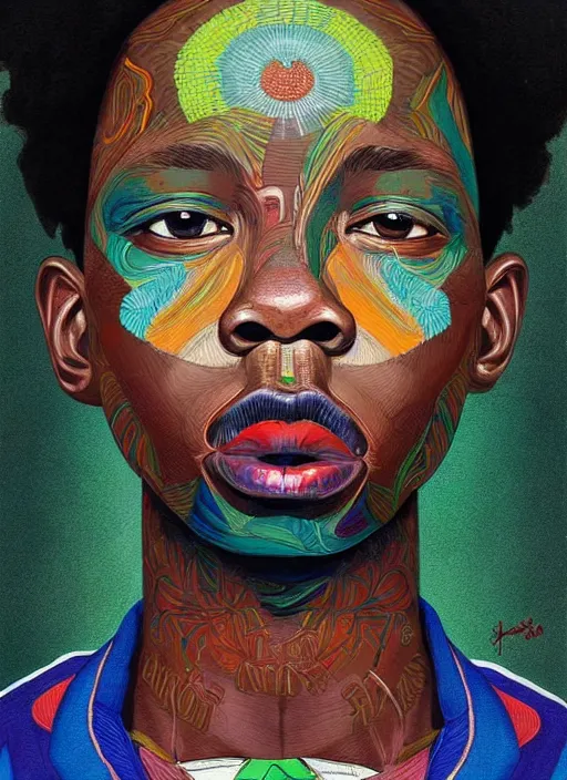 Image similar to colourful upper half portrait an african boy - art by james jean, highly detailed, digital painting, illustration, illustration, smooth, sharp focus, intricate, symmetry, pinterest, behance, art station