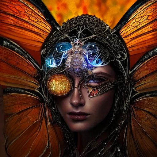 Image similar to realistic illustration of a beautiful mechanical faerie queen with glowing eyes, moth wings with geometric patterns, reflective detailed textures, highly detailed dark fantasy science fiction painting, silver and cool colors, artstation