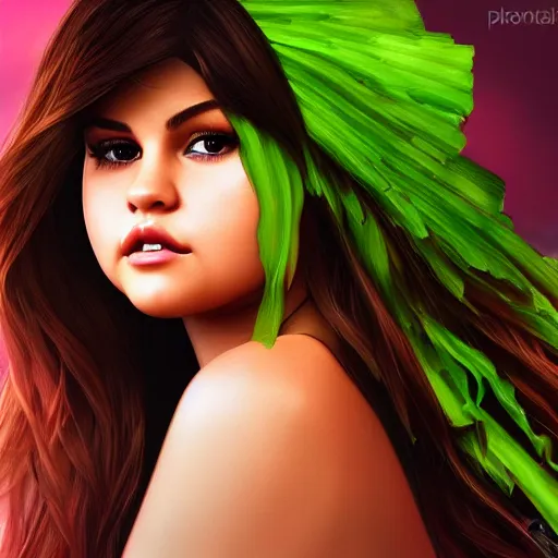 Image similar to photorealistic digital painting of selena gomez as celery hybrid mutant, hd, artstation, 4 k wallpaper