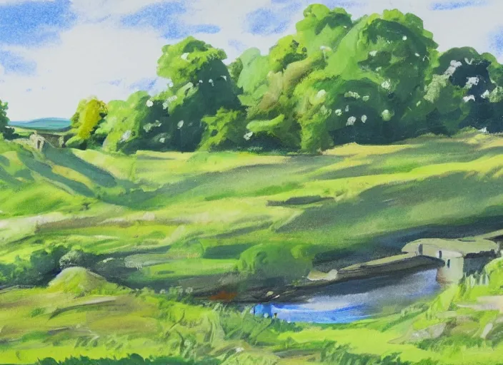 Image similar to landscape of british countryside, summer time, in gouache plein air art style