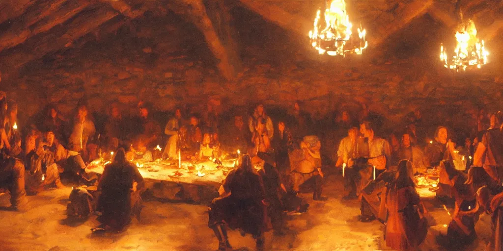 Prompt: cinematic shot of the inside of a Viking feasting hall, candlelight, boisterous atmosphere, by Gregory manchess
