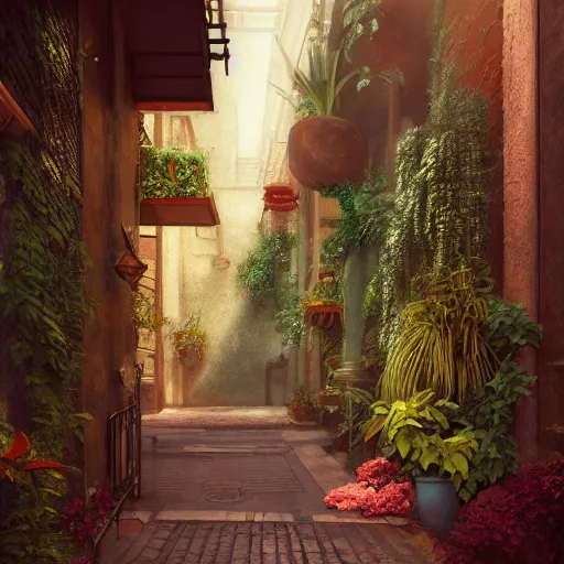 Prompt: a painting of a bronze art-deco alley lined with plants, a detailed matte painting by Anka Zhuravleva, cgsociety, light and space, rendered in unreal engine, artstation hq, artstation hd
