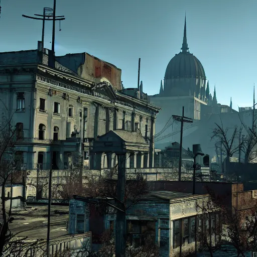 Image similar to fallout 5 set in budapest, game screenshot, 4 k, high detail