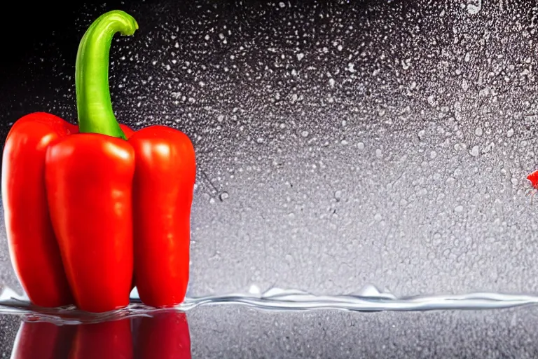 Prompt: a Photorealistic hyperrealistic close up high speed render of a red pepper dropped into a glass full of water creating a splash, beautiful highly detailed droplets, reflections and refractions, dark studio backdrop, Beautiful studio lighting, Nikon Z7, ISO 400, Sigma 85mm f1.4 DG DN, aperture f/11, exposure 1/200, studio lights