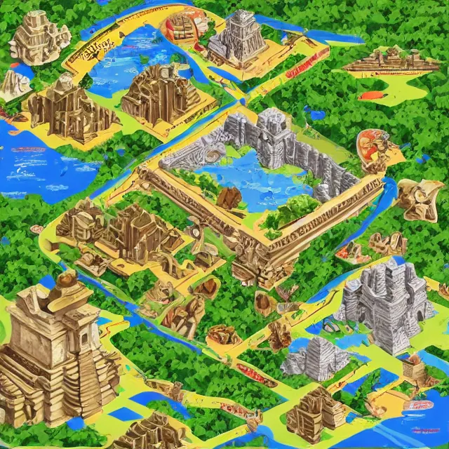 Image similar to an isometric game map of Tikal, Lost World Pyramid, Tikal Temple IV, Maya Temples