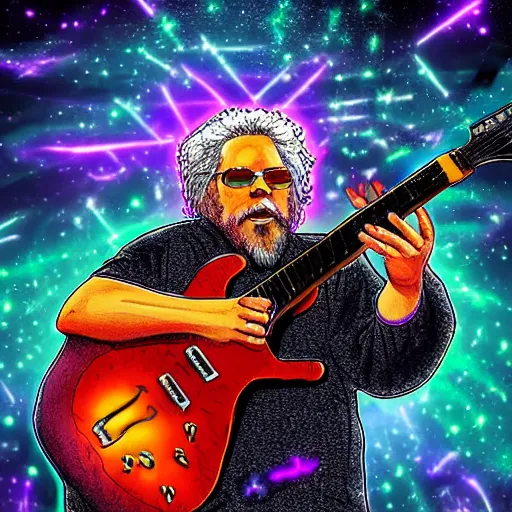 Image similar to a Jerry Garcia guitarist playing so intensely there is electricity shooting out from his guitar, energy beams under his finger tips, and magic sparkles from the freboard, amazing ditial art, trending on artstation, featured on deviantart