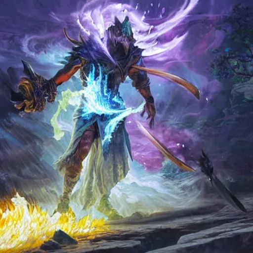 Image similar to A highly detailed oil painting concept art of a sorcerer casting an acid splash spell against a fighter wielding a greatsword, highly detailed concept art.