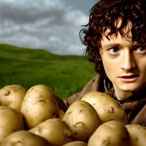 Image similar to frodo from lord of the rings in a burlap sack of potatoes surrounded by potatoes, potatoes, photography, realistic, mid shot, in the shire, cinematic lighting