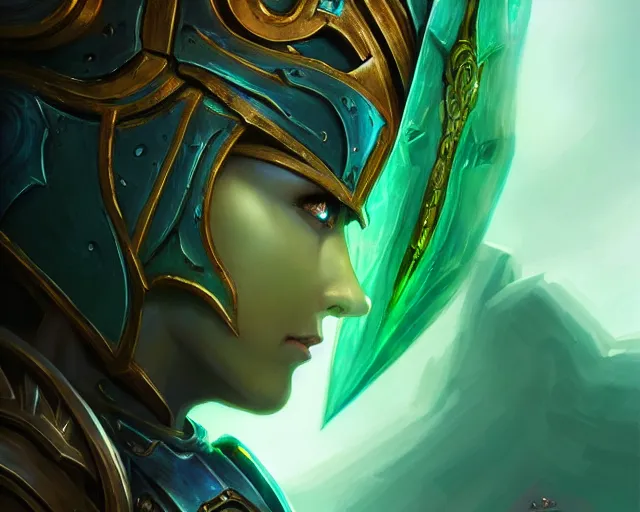 Image similar to extreme close up portrait of a aeldari in armor,, bottom up green lighting, stoic, poised, deep focus, d & d, fantasy, intricate, highly detailed, digital painting, artstation, concept art, matte, sharp focus, illustration, hearthstone, art by artgerm and greg rutkowski and alphonse mucha