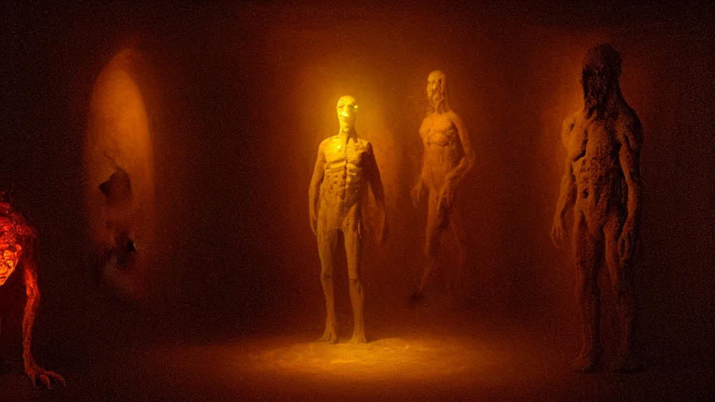 Image similar to the creature in the basement, made of glowing wax and ceramic, surrounded by enemies, film still from the movie directed by denis villeneuve and david cronenberg with art direction by salvador dali and zdzisław beksinski, wide lens