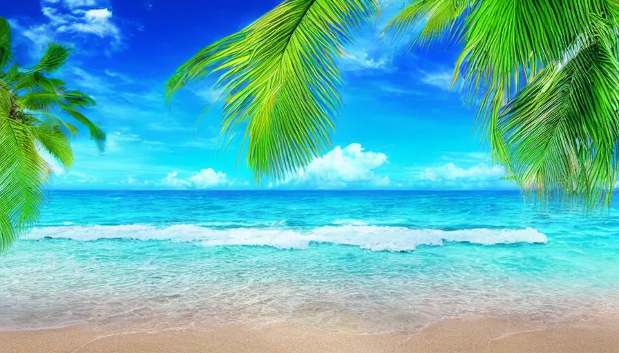 Image similar to a beautiful tropical beach with a stunning turquoise ocean in the background, digital art, highly detailed, realistic, bright colors, 8 k