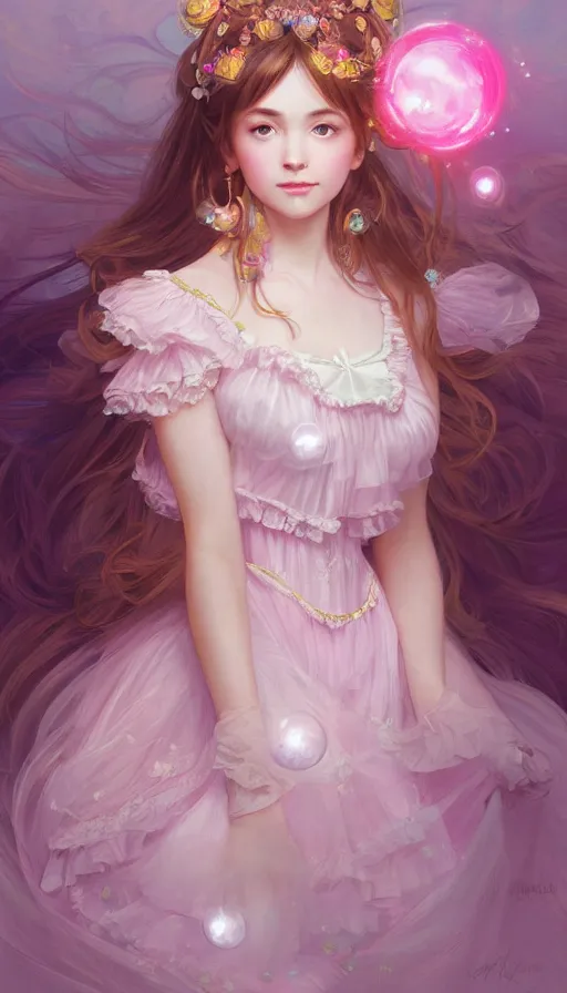 Prompt: portrait of magical lolita girl, dreamy and ethereal, expressive pose, big pink eyes, peaceful expression, ornate frilly dress, fantasy, intricate, elegant, many rainbow bubbles and sparkles, rose tones, highly detailed, digital painting, artstation, concept art, smooth, sharp focus, illustration, art by artgerm and greg rutkowski and alphonse mucha
