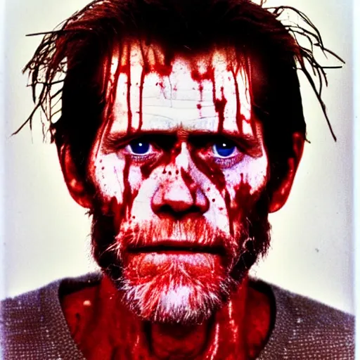 Image similar to portrait of willem dafoe, medium shot. by hermann nitsch and hermann nitsch.