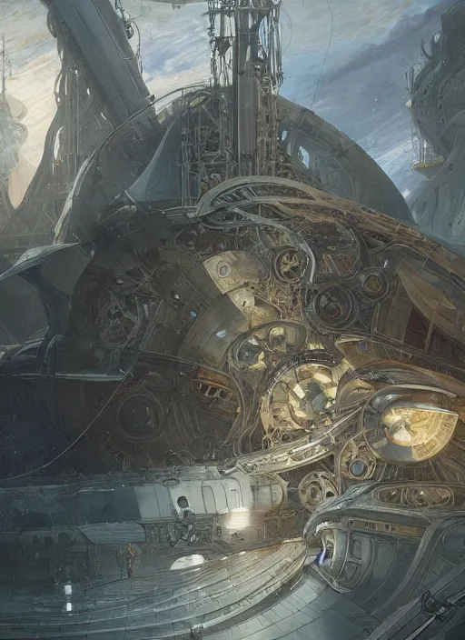 Image similar to epic concept illustration, highly detailed, intricate mechanical design, hard science concept art, star fleet nautilus ship being prepared for launch, by greg rutkowski and alphonse mucha. uhd, cinematic lighting, amazing depth, cinematography by 2 0 1 7
