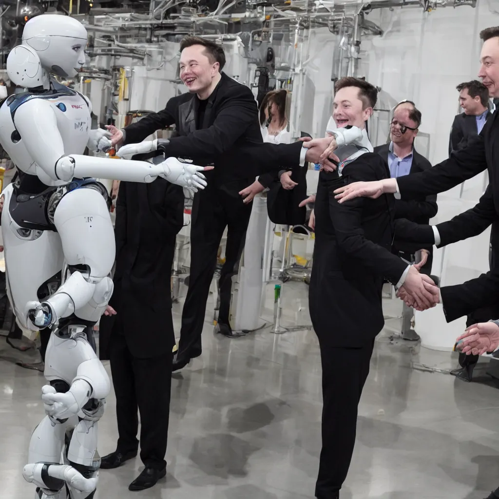 Prompt: photo pf a humanoid robot shaking hands with elon musk