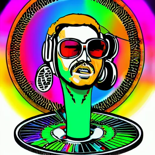 Prompt: svg sticker of a Dancing-Alex-Grey-Psychedelic-Rave-Man, at a rave, spinning records, giant headphones rocking out, wearing headphones, huge speakers, dancing, rave, DJ, spinning records, digital art, amazing composition, rule-of-thirds, award-winning, trending on artstation, featured on deviantart