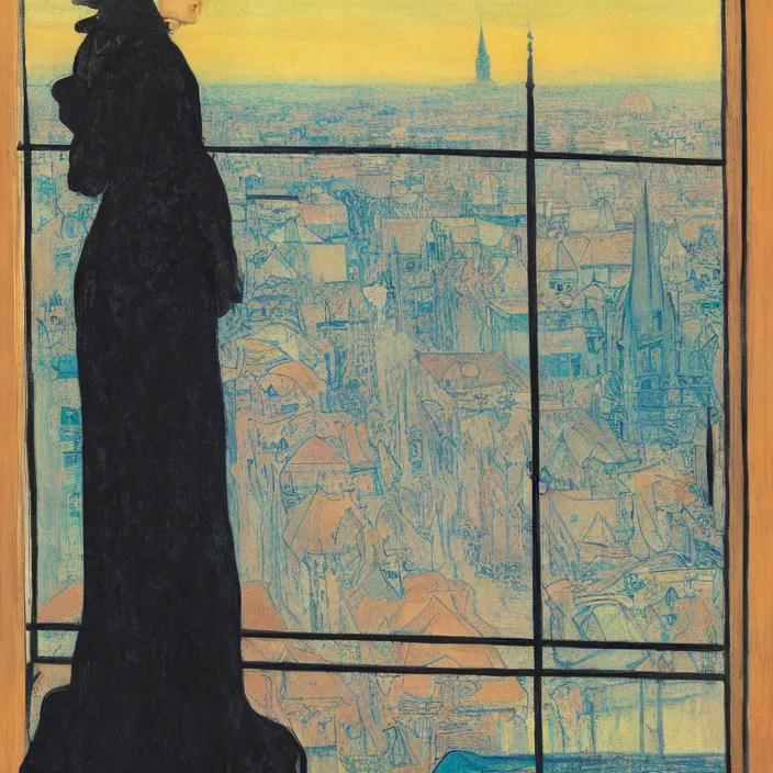 Image similar to portrait of sad woman in kimono and persian cat with city with gothic cathedral seen from a window frame with curtains. cloudy sunset. mikalojus konstantinas ciurlionis, henri de toulouse - lautrec, paul delvaux, utamaro, matisse, monet