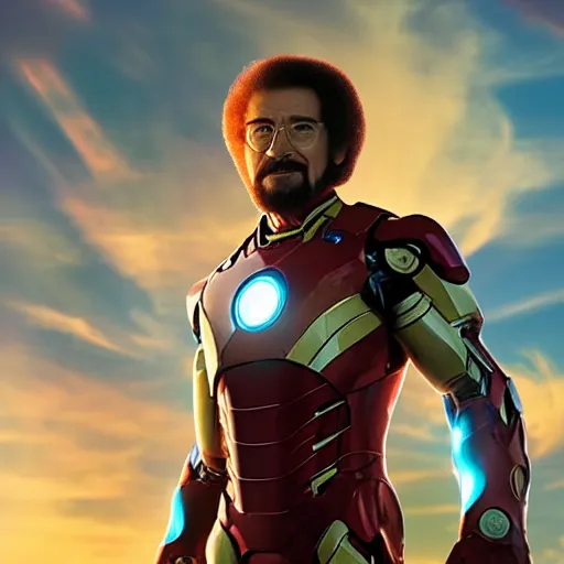 Image similar to a still of Bob Ross as Ironman. Magic Hour. Professional photography, 4K. Mood