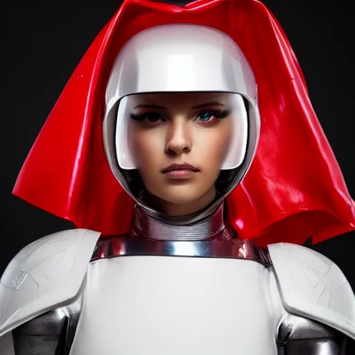 Image similar to headshot of a beautiful female soldier, no makeup, in glossy sleek white armor and a long red cape, head tilted upwards, determined expression, no helmet, on the surface of mars, cinematic, sci-fi, hyperrealistic, detailed