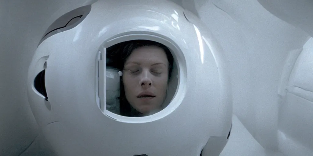 Prompt: a close-up of Ripley sleeping inside an all-white cryogenic sleeping pod by Ridley Scott, Alien movie, grainy, bluish and cream tones