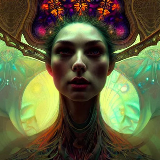 Image similar to An extremely psychedelic experience, surreal, dramatic lighting, magic mushrooms, psilocybin, LSD, face, detailed, intricate, elegant, highly detailed, digital painting, artstation, concept art, smooth, sharp focus, illustration, art by Krenz Cushart and Artem Demura and alphonse mucha