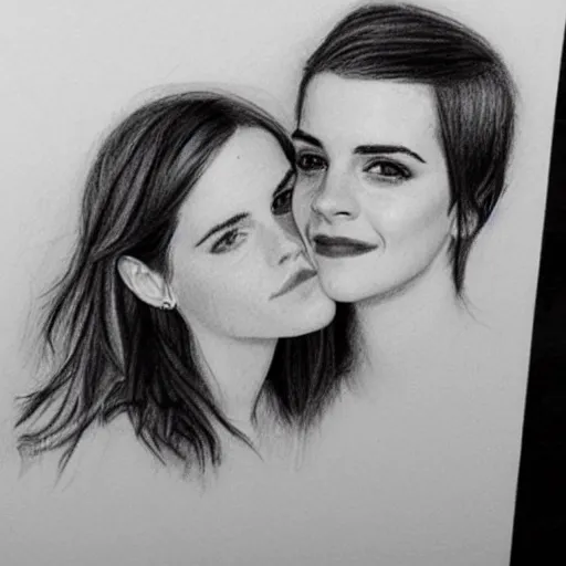 Image similar to emma watson kissing anne hathaway pencil sketch,