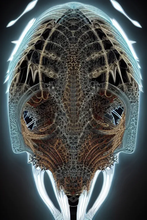 Image similar to professional concept art symmetrical portrait of a horrendous mechanical predatory fractal! species in a dark room by ar