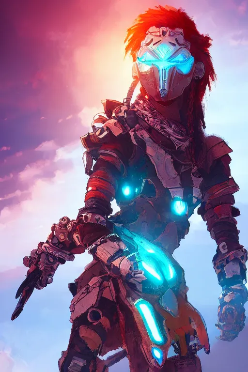 Image similar to combination suit armor aloy horizon forbidden west horizon zero dawn radiating a glowing aura global illumination ray tracing hdr fanart arstation by ian pesty and alena aenami artworks in 4 k tribal robot ninja mask helmet backpack