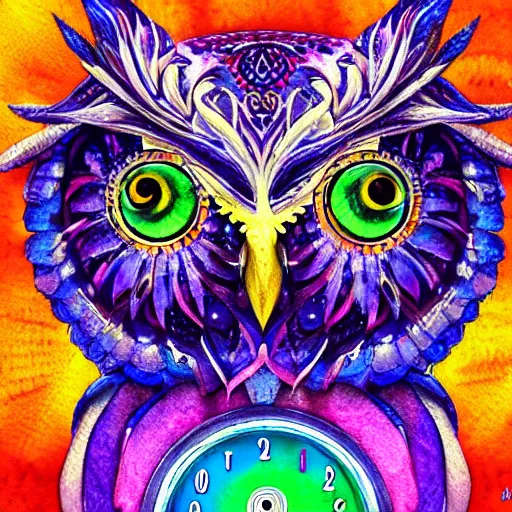 Prompt: owl holding a clock, portrait, vivid and colorful, watercolor style, fractal art