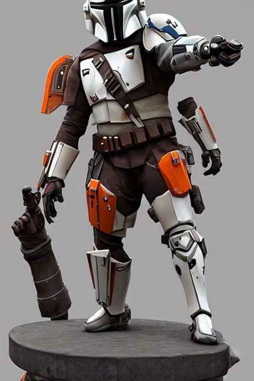 Image similar to mandalorian overwatch echo style statue made of white and orange marble standing, 3 d render, octane render, unreal engine, overwatch, detailed, dynamic light, beautiful, rococo, accents of red