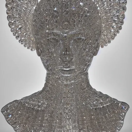 Image similar to a sculpture of thousand eyed angel made of clear crystal casting caustics on a white table morning light