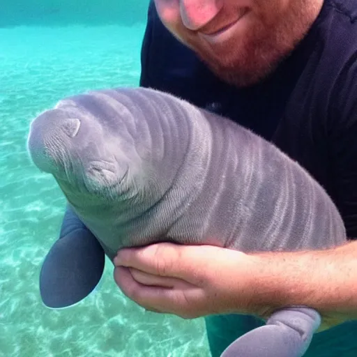 Prompt: incredibly fantastically stupendously fluffy tiny pygmy baby manatee being cradled by a person, realistic, fantasy, pet, adorable, national geographic