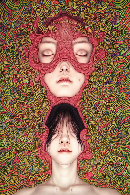 Prompt: realistic detailed image of women floating in a padded room, conjuring psychedelic background, part by takato yamamoto, part by alex gray, ross tran, james jean, ultra realistic, octane render, highly detailed, 8 k, trending on artstation, cosmic, symmetry, masterpiece