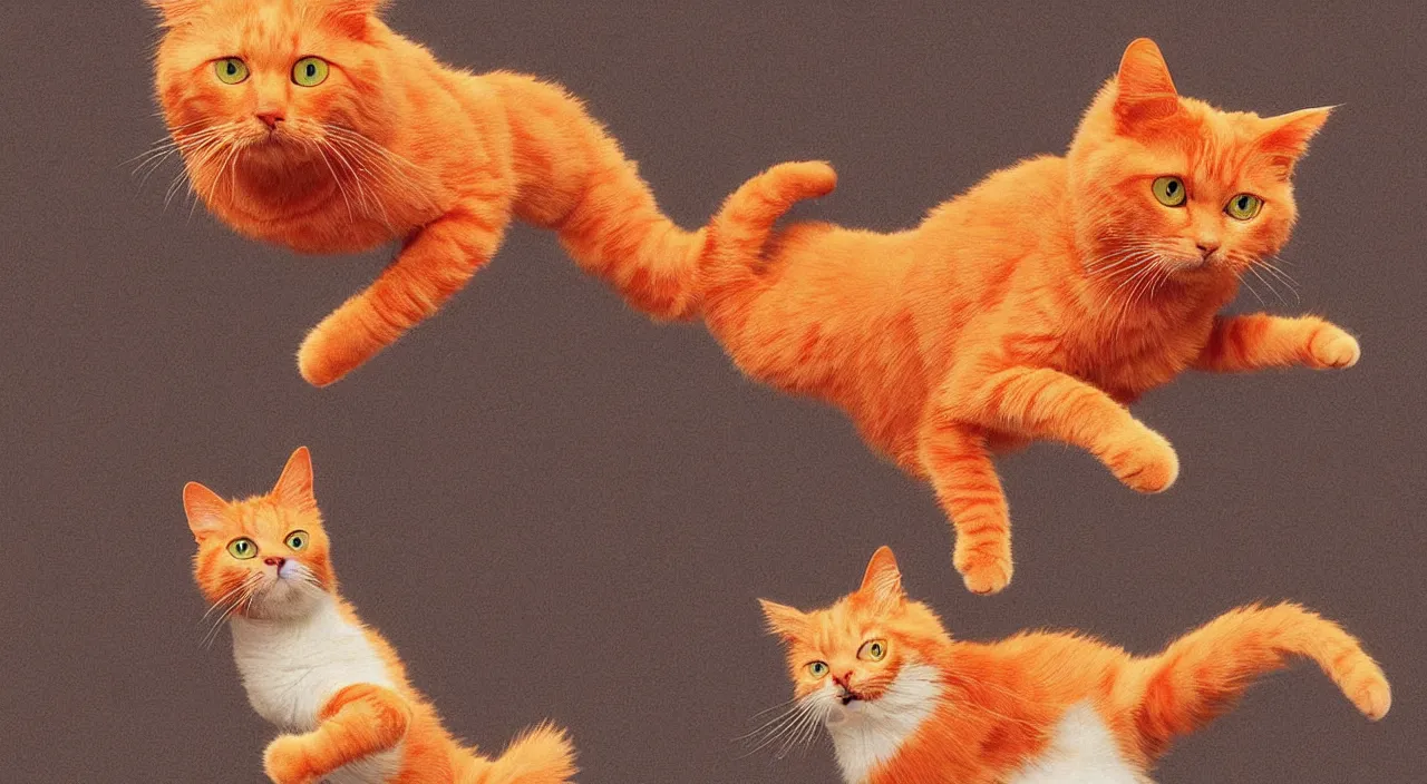 Prompt: a cat, cat jumping, orange cat, fluffy cat, cute cat, hyper realistic, highly detailed, retrofuturism