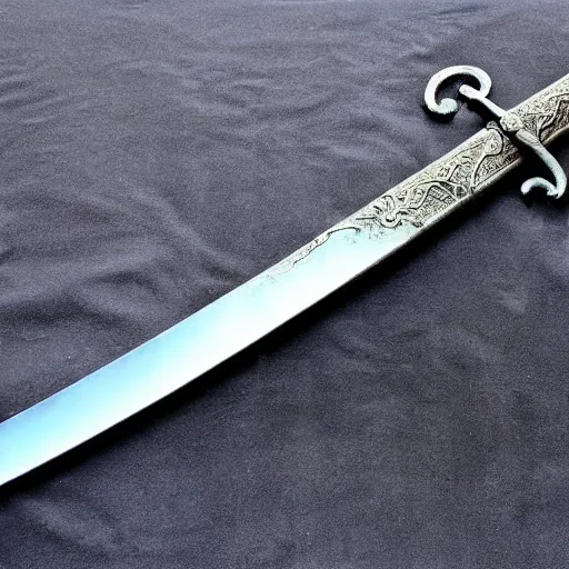 Prompt: bluestone flamberge, a huge two-handed sword with a wavy blade and large cross guard, nearly six feet long. It has a faint blue sheen, and radiates a sense of unease. The style and decoration of the sword would place it at approximately 300 years old, but the alloy is highly unusual.