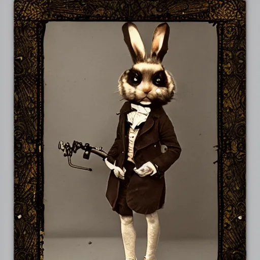 Image similar to a steampunk rabbit, victorian photograph