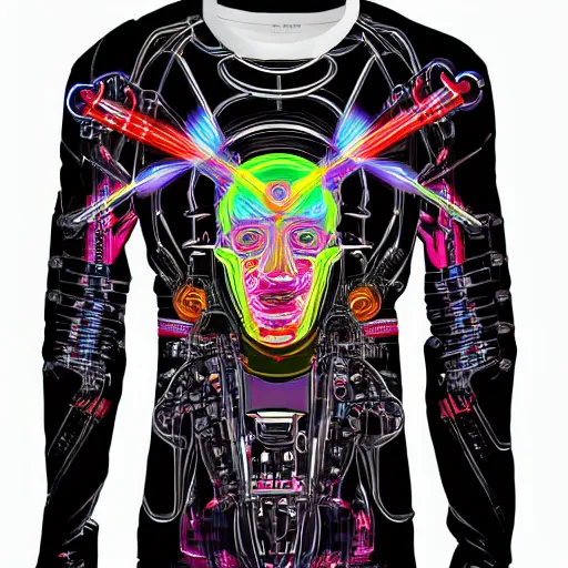Image similar to mockup of a black tshirt with a hyperdetailed trippy portrait of a atompunk robot by hajime sorayama, 8 k, symetrical, flourescent colors, trippy mood, multicolored,