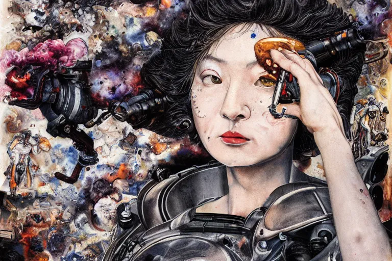 Image similar to 8K UHD, detailed portrait, high dynamic range, by katsuhiro otomo: (background= varnished oil paint on black background with pastel paint splashes in background)+ (subject = queer baroque expressionist cyborg machine goddess + subject detail= very detailed )