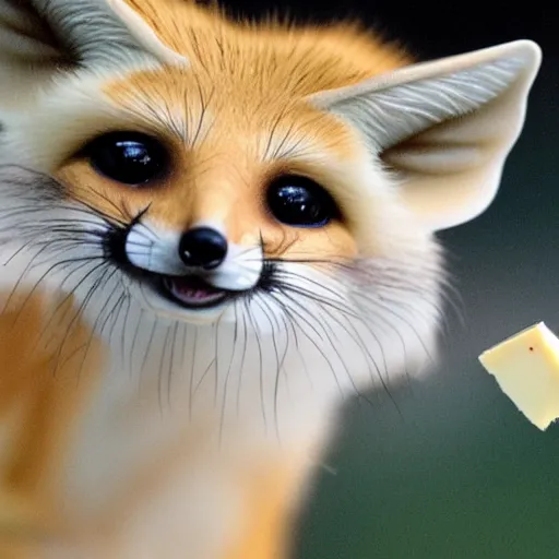 Prompt: Fennec fox holding cheese in his mouth, hyperrealistic