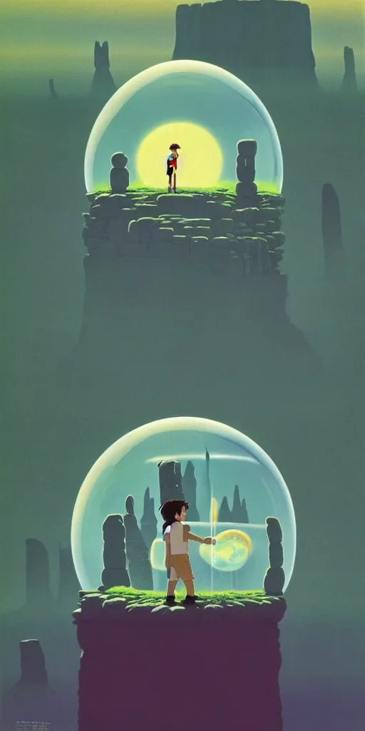 Image similar to hyperrealist, studio ghibli dull colors portrait from close encounters of the third kind 1 9 7 7 of a young scientist swaying in a jungle bubble monument valley stonehenge.