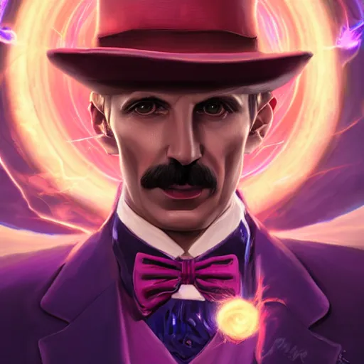 Image similar to portrait of nikola tesla as willy wonka, league of legends amazing splashscreen artwork, fantasy, splash art, natural light, elegant, photorealistic facial features, intricate, fantasy, detailed face, atmospheric lighting, anamorphic lens flare, cinematic lighting, league of legends splash art, hd wallpaper, ultra high details by greg rutkowski