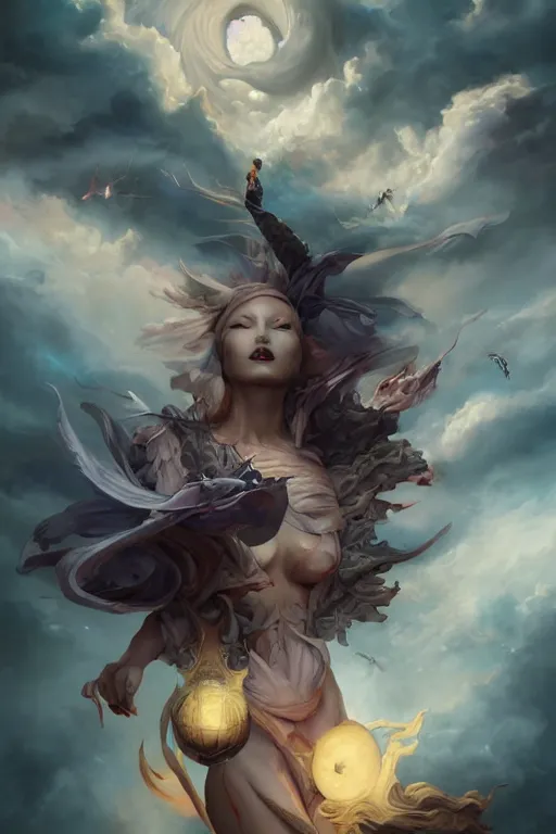 Image similar to sorceress falling through the sky, by peter mohrbacher, artgerm, karol bak, loish, ayami kojima, james stokoe, highly detailed, ultra detailed, ultra realistic, trending on artstation