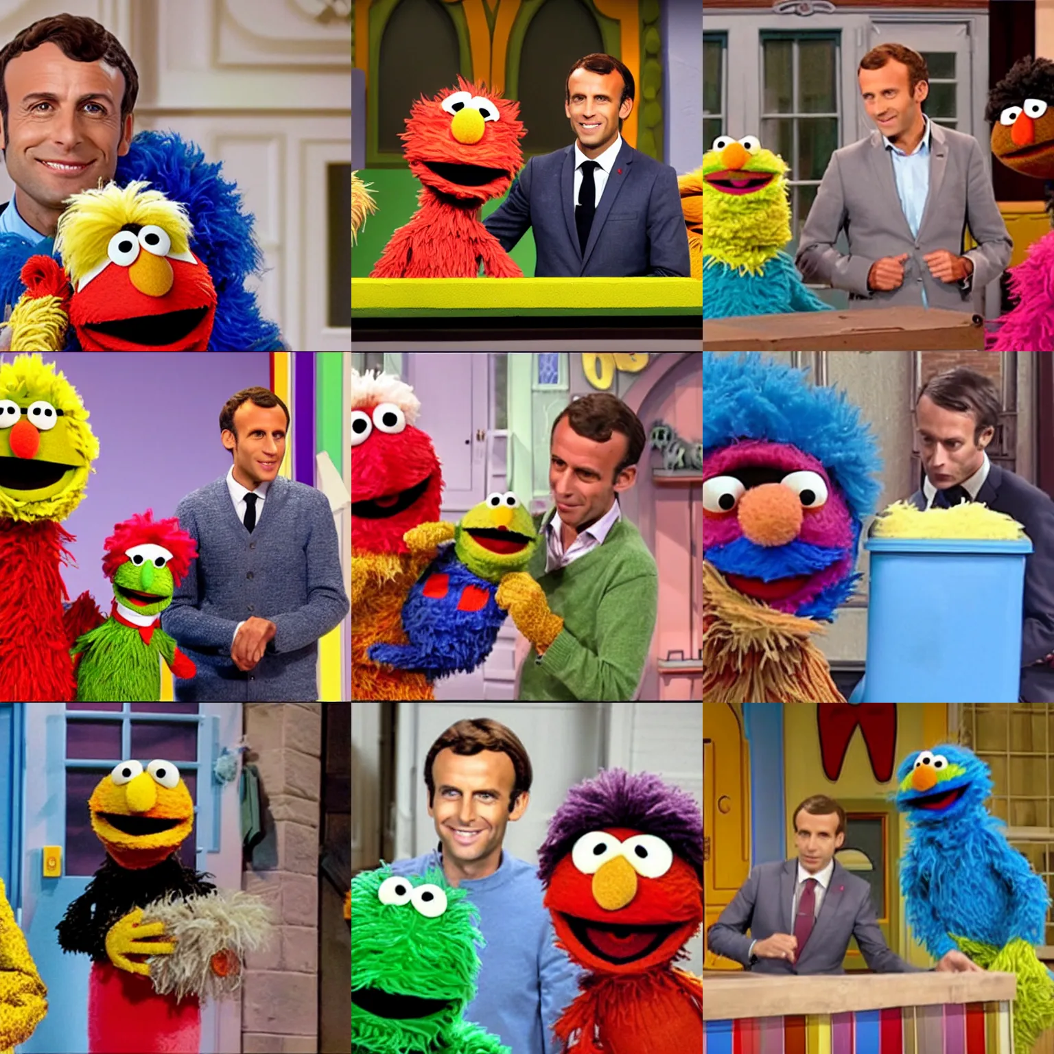 Prompt: Still of Emanuel Macron in Sesame Street