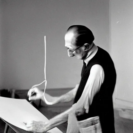 Image similar to a long exposure shot of Marcel Duchamp working on a readymade object, archival pigment print