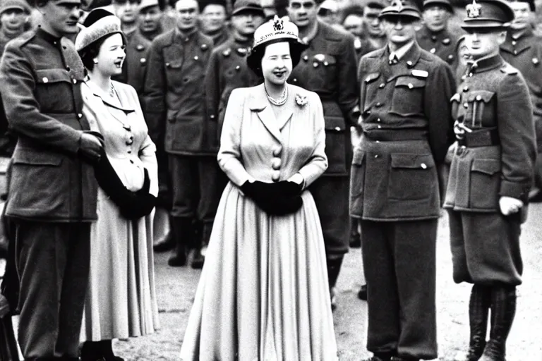 Image similar to ultra wide 1 9 4 6 historical far away photo of young queen elizabeth accepting the surrender of the german army, her corgis are nearby highly detailed