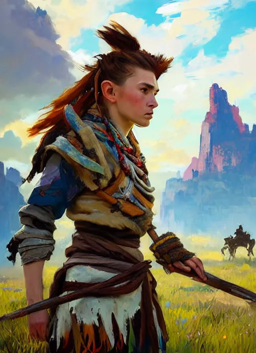 Image similar to portrait of a eastern european Aloy from Horizon Zero Dawn in the style of League of Legends practicing, countryside, calm, fantasy character portrait, dynamic pose, above view, sunny day, clouds in the sky, artwork by Jeremy Lipkin and Giuseppe Dangelico Pino and Michael Garmash and Rob Rey and Huang Guangjian, very coherent asymmetrical artwork, sharp edges, perfect face, simple form, face by Fernanda Suarez and Greg Manchess, 100mm